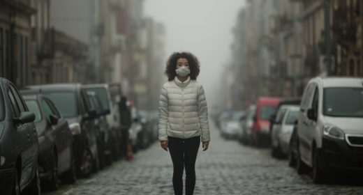 Asian woman in antiviral mask stands in the middle of a deserted street in foggy.